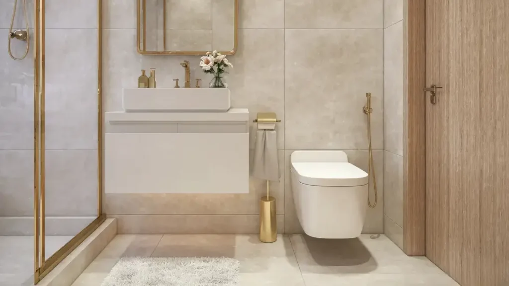 Modern bathroom with beige tiles, featuring a wall-mounted white sink and gold faucet, a rectangular mirror, and a floating toilet. Gold-toned shower and fixtures add elegance. A small vase with flowers is on the sink. White rug on the floor. Bathroom Plumbing