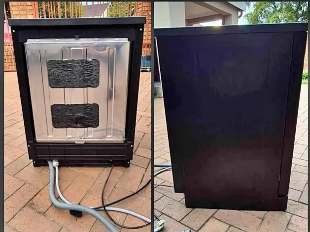 The image shows two views of a dishwasher placed outdoors on a brick surface. The left view displays the back, with cords and metal panels, while the right view shows the plain black side of the dishwasher. Trees and a building are partially visible. Dishwasher Plumbing Services