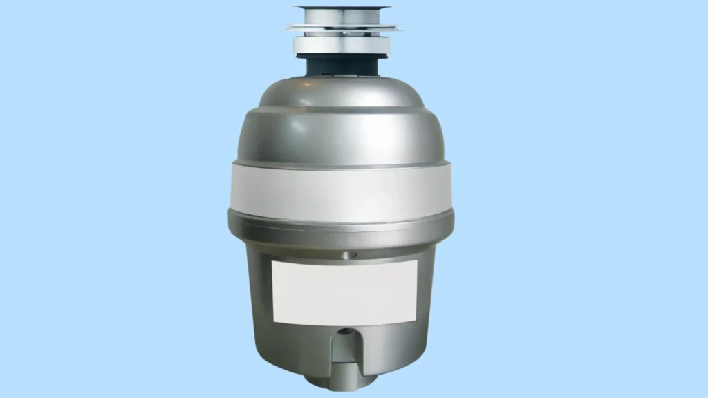 A silver-gray garbage disposal unit against a light blue background. The cylindrical appliance has a wide midsection and a visible mounting assembly on top.