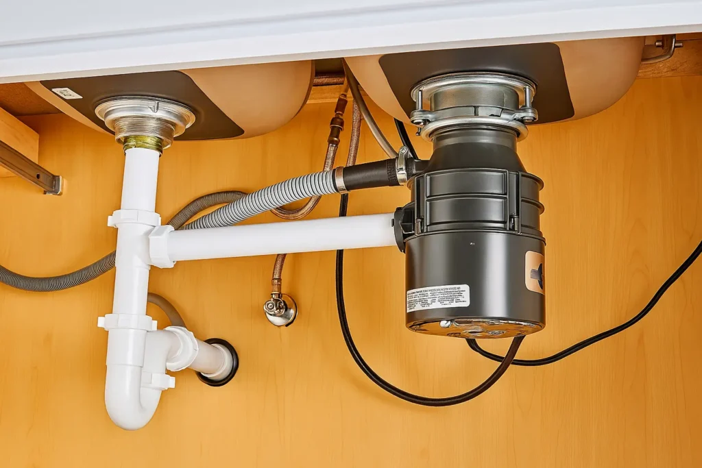 Undersink view showing a double-basin kitchen sink with a garbage disposal unit on the right drain. PVC pipes connect to the plumbing, and a flexible hose is attached to the disposal unit, set against a wooden cabinet background.