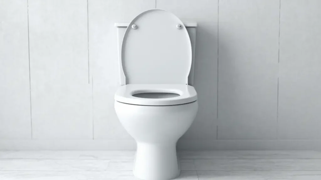 A white, modern toilet with the lid open, set against a light gray tiled wall and a floor with a subtle pattern. The design is simple and clean. Toilet Plumbing Services